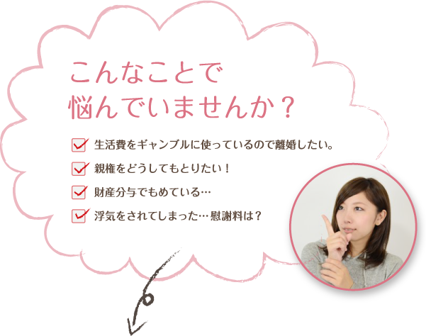 こんなことで悩んでいませんか？・生活費をギャンブルに使っているので離婚したい・親権をどうしてもとりたい・財産分与でもめている…・浮気をされてしまった…慰謝料は？